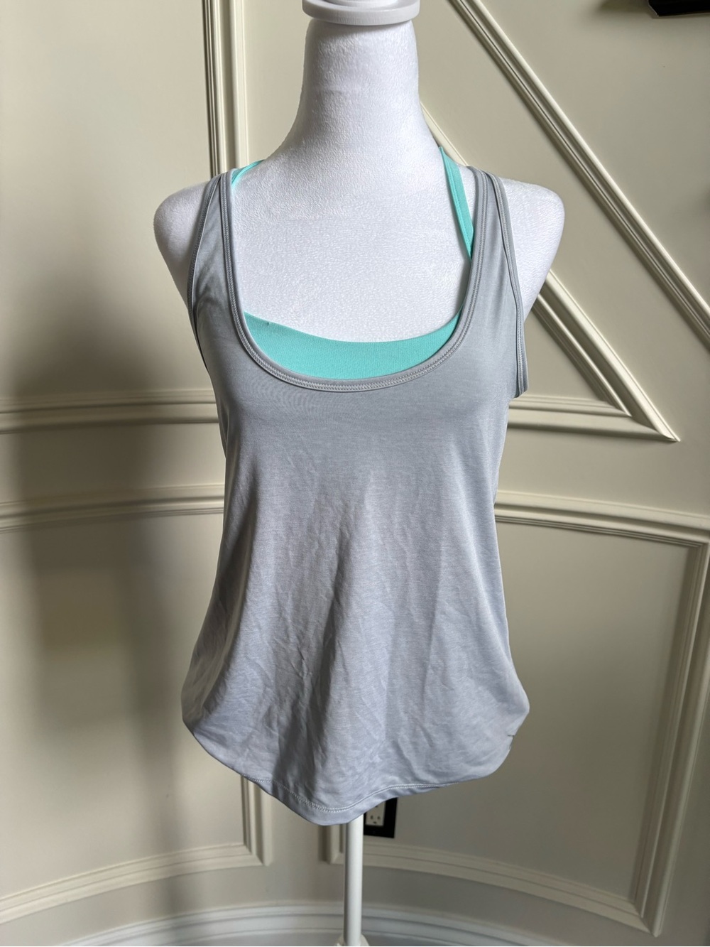 Women’s Layered Light Gray Tank Top with Mint Sports bra Insert